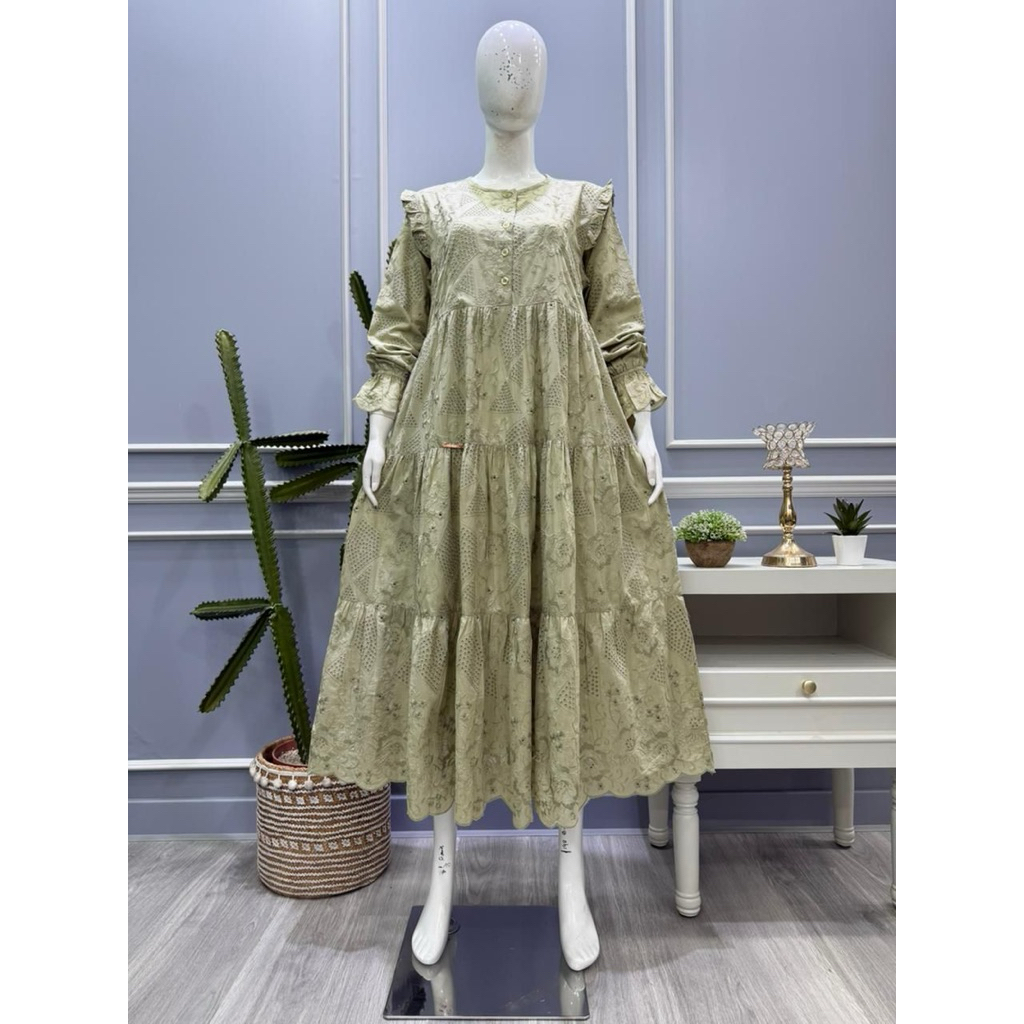 Midi dress Salvina.ys ORI bordir bolong motif zikzak