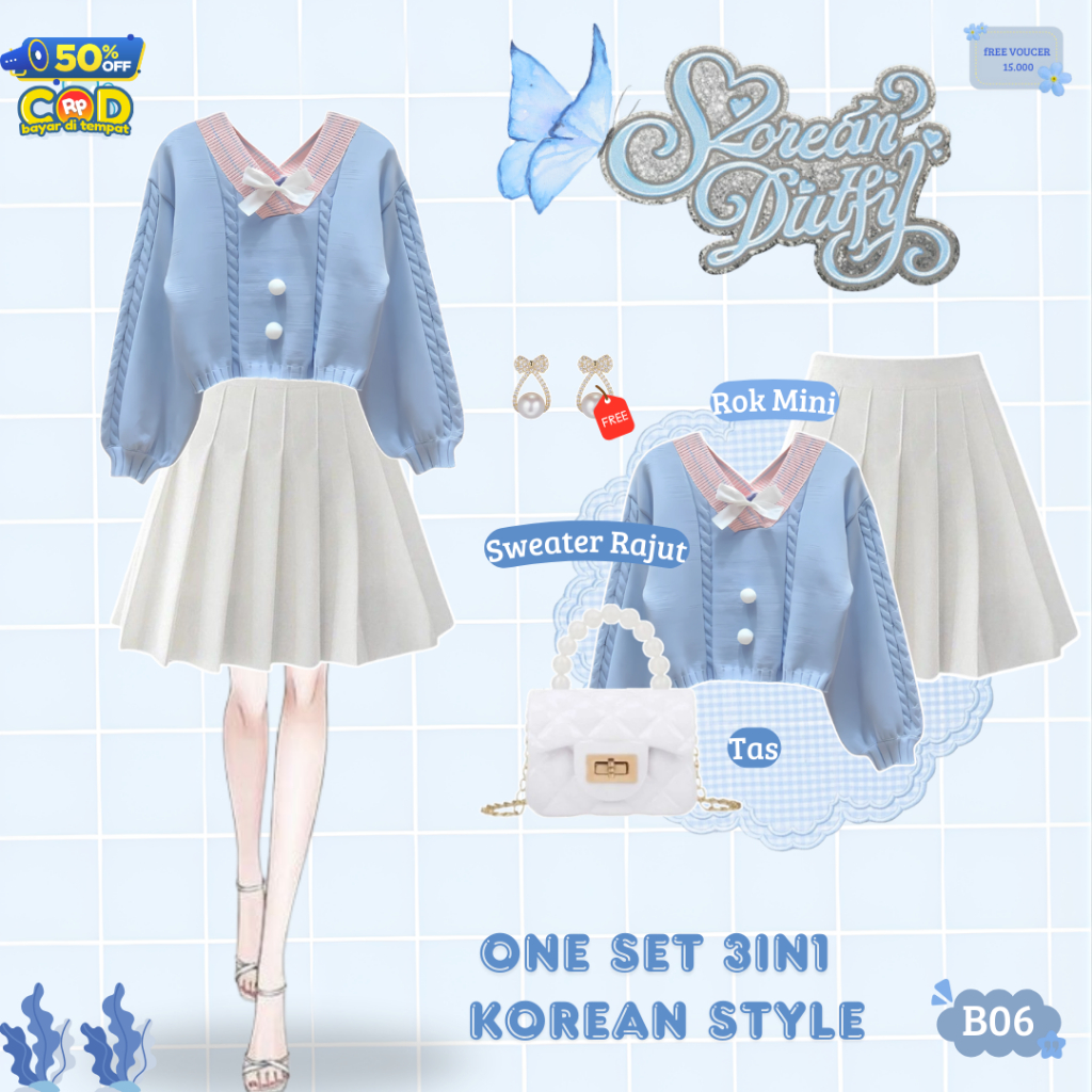 One Set 3in1 Korean Outfit Wanita - [ Rok Mini Putih + Sweater Rajut Biru + Tas <=Mini Putih ] Free 