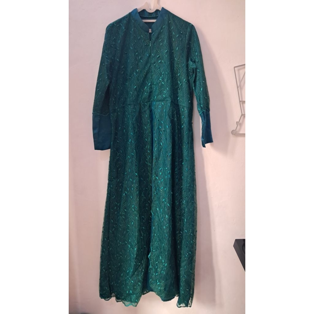 Baju Gamis Muslim  Wanita Bahan Brukat Ukuran XL Warna Hijau botol - Preloved / Bekas