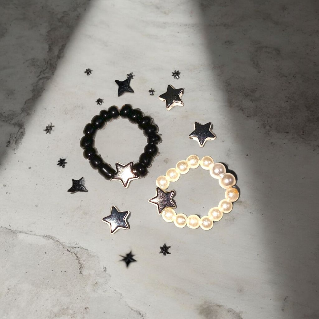 ( Beerrysaa ) Cincin bintang cincin manik manik silver hitam putih aksesoris fashion cincin wanita