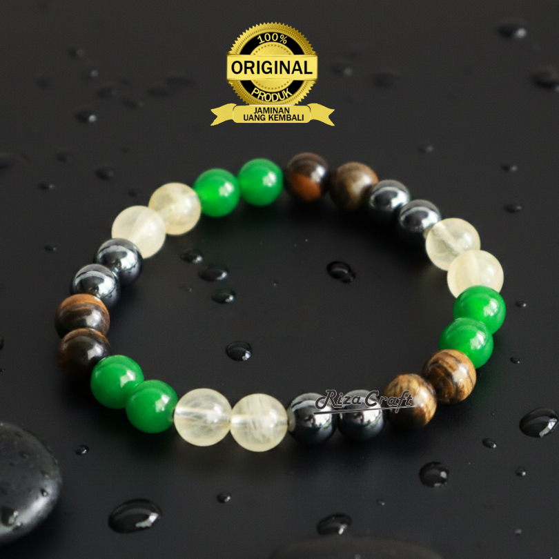 THE WEALTH Gelang Aesthetic Batu Alam Akik Kristal Giok Hijau Citrine Emas Kuning Tiger Eye Badar Be