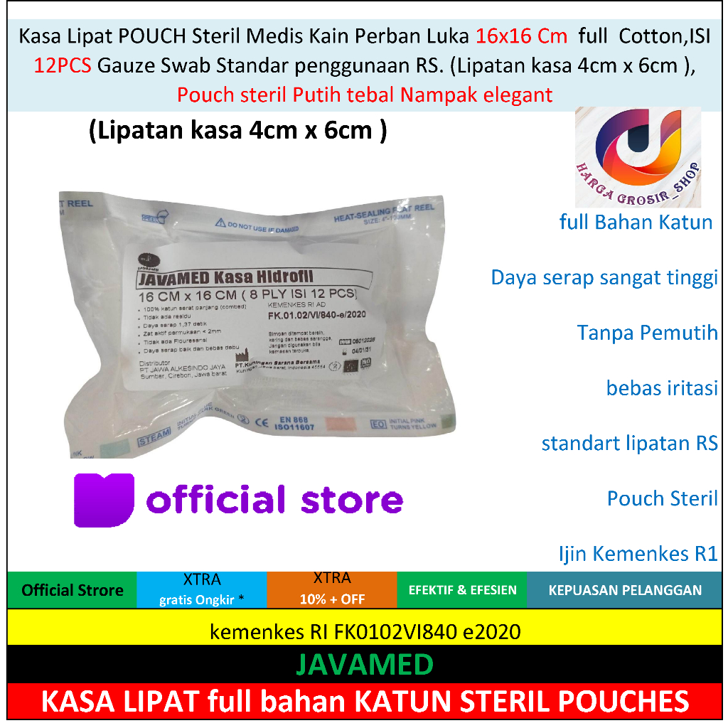 Kasa Lipat POUCH Steril Medis Kain Perban Luka 16x16 Cm  full  Cotton,ISI 12PCS Gauze Swab Standar p