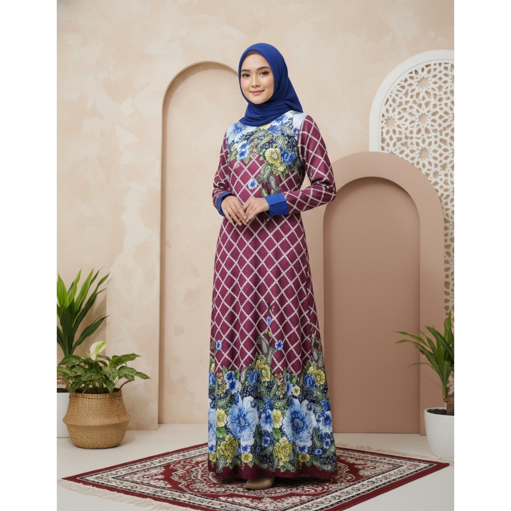 Gamis Katun Kaos + Hijab Motif Bunga