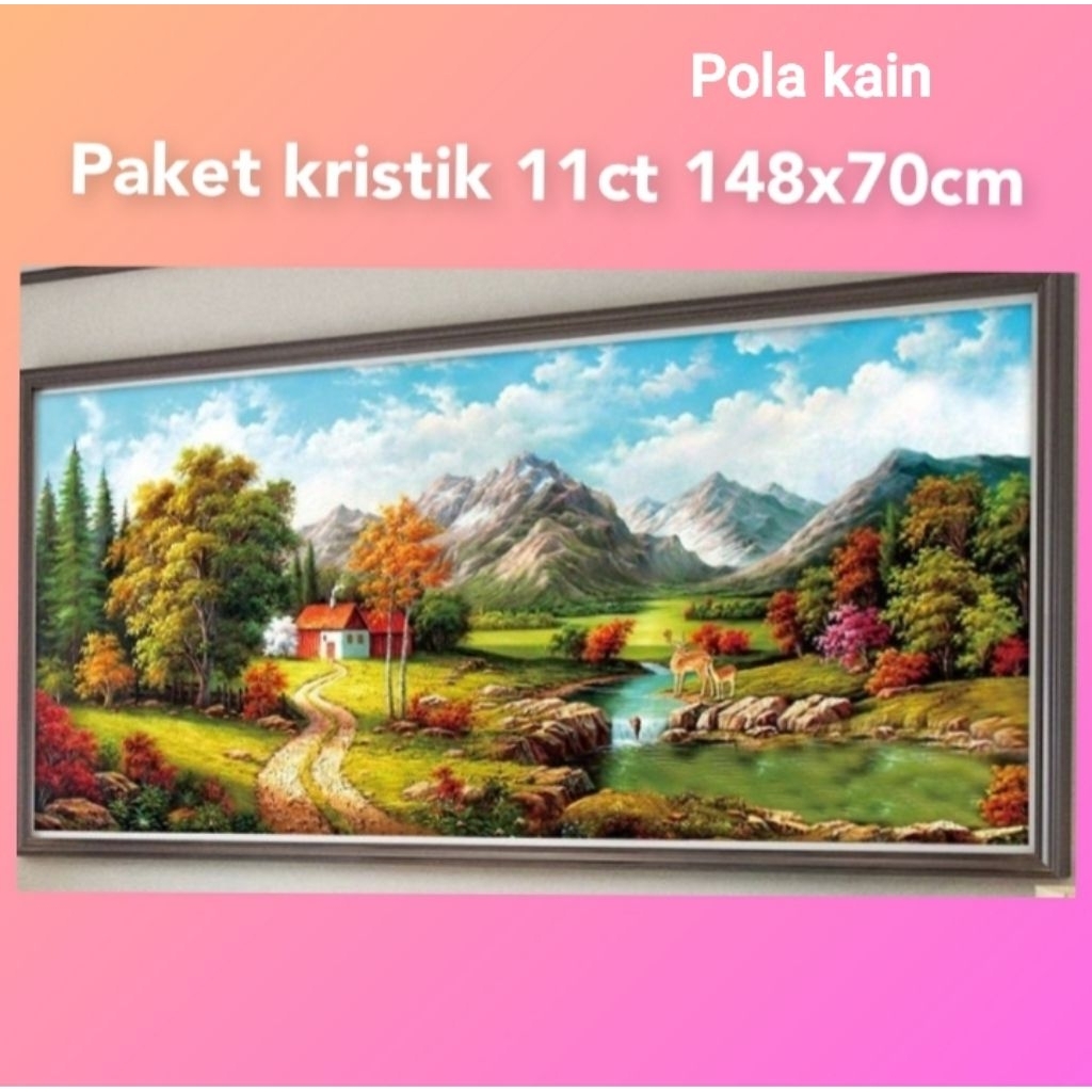 DIY paket kristik pemandangan rumah pedesaan gunung pola kain full cross stitch 11ct jahit sulam sil