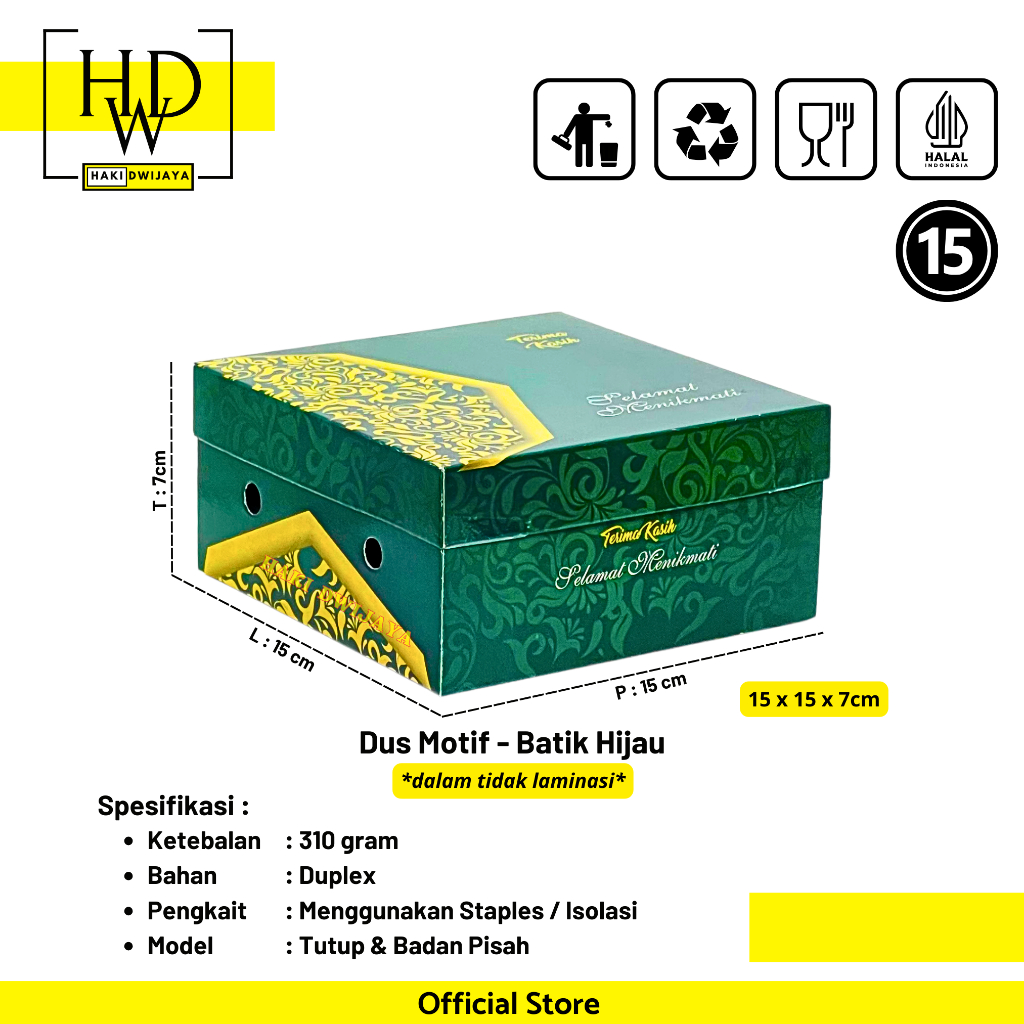 Kemasan Dus / Kotak Nasi dan Snack Ukuran 15x15x7cm Full Colour - Motif Batik Hijau