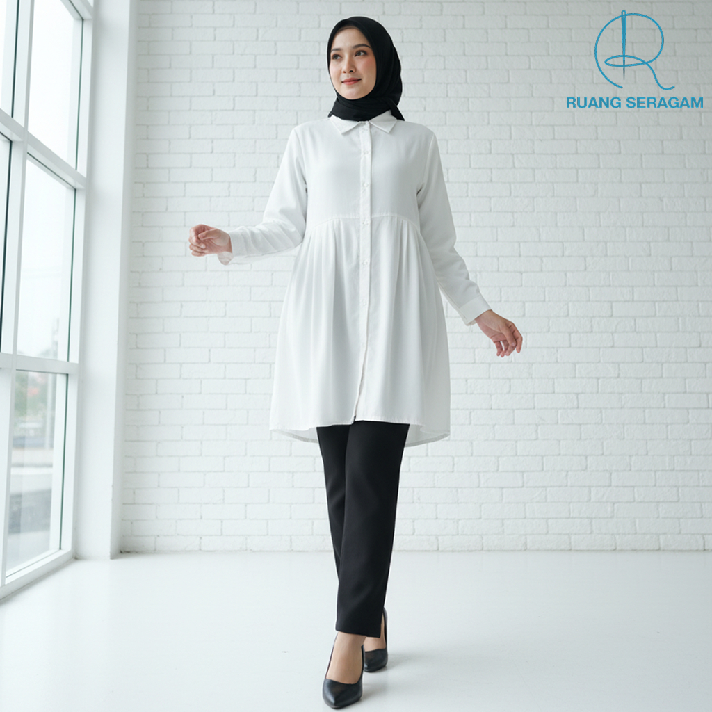 Baju Tunik Formal Lengan Panjang Warna Putih Bahan Twill Size Dewasa