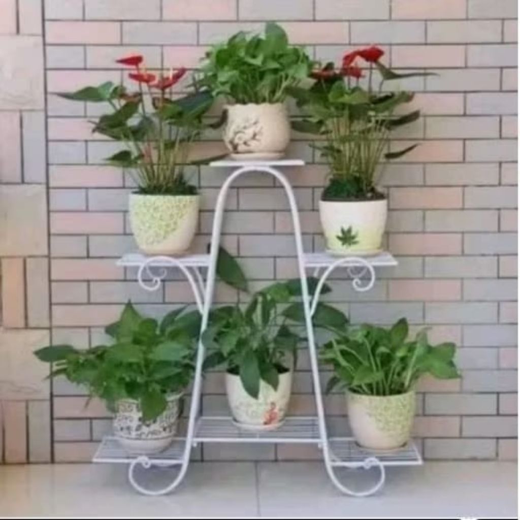 Rak Bunga Besi Susun 6 Tinggi 65cm dengan Finishing Hitam Putih