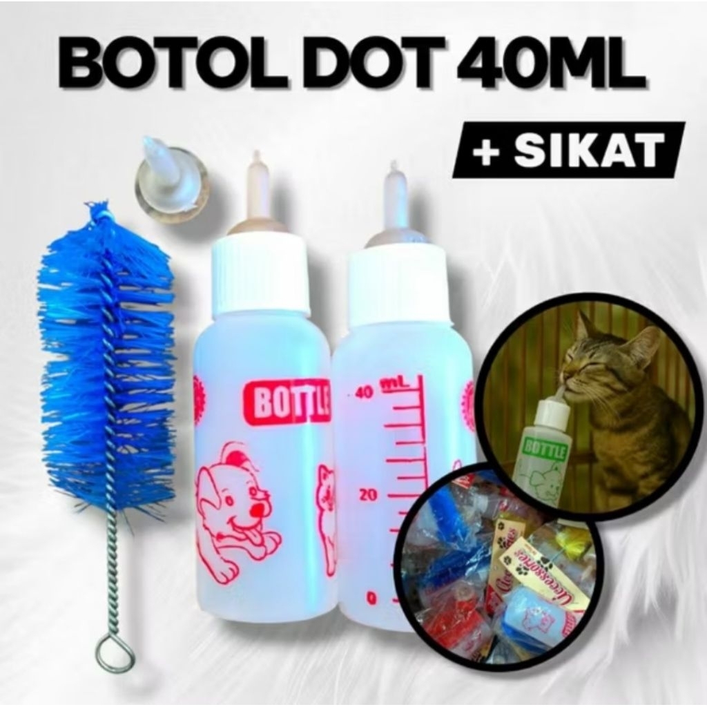 Botol Susu Kucing Anjing 40ml + Sikat - Dot Silikon Lembut, Mudah Dibersihkan, Tahan Lama