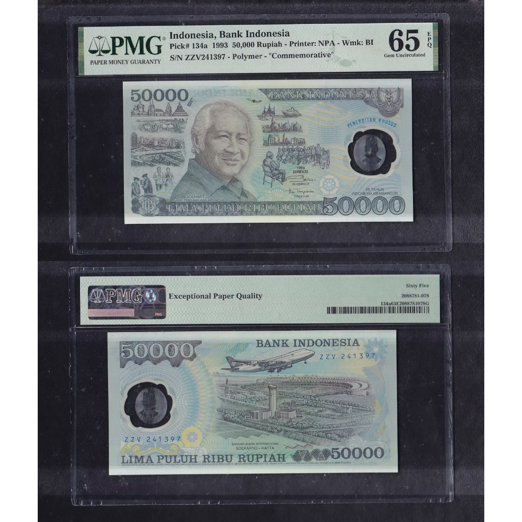Uang kuno polymer PMG 65 EPQ - 50000 Rupiah tahun 1993 Suharto S/N ZZY280417