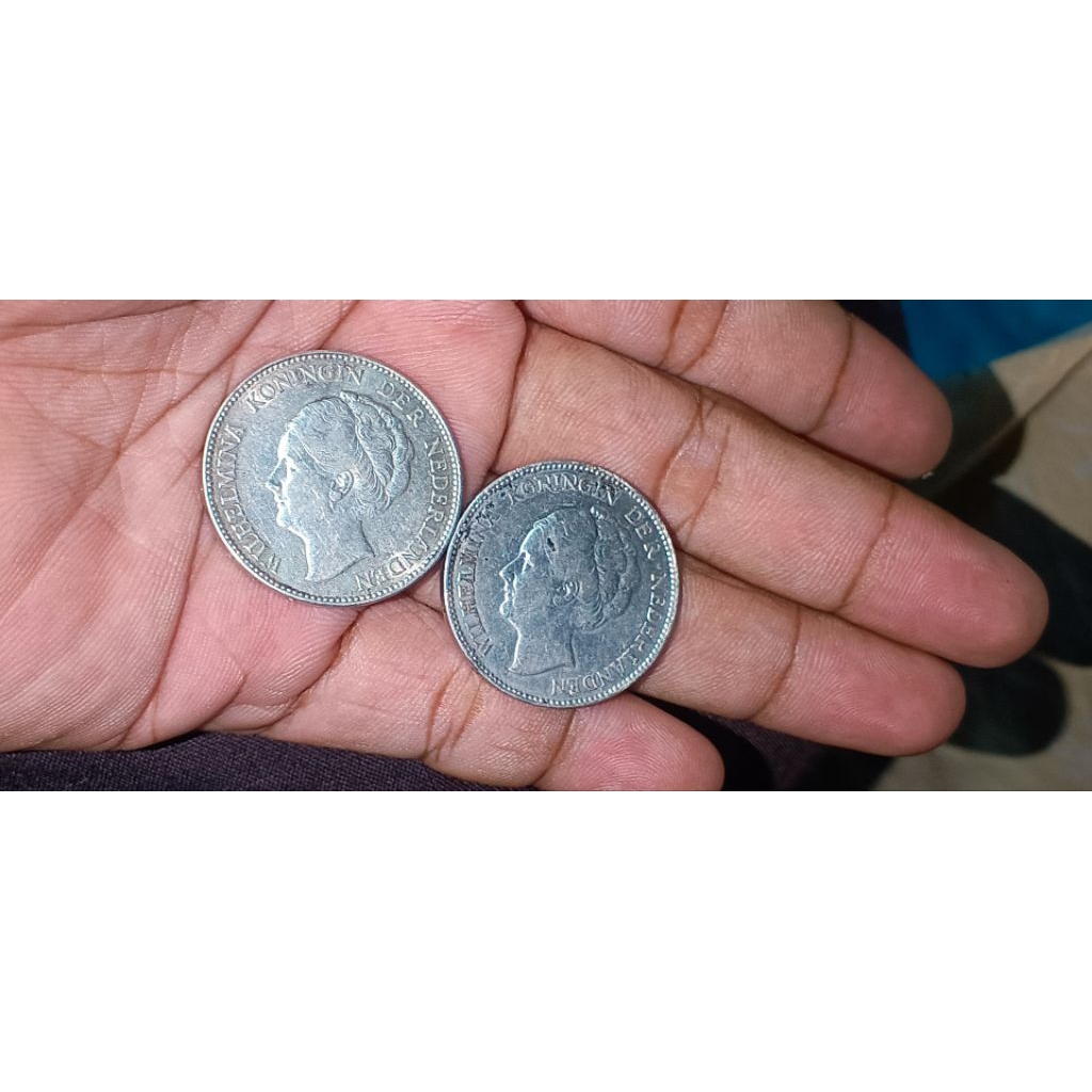2 koin perak Wilhelmina 1 gulden asli original