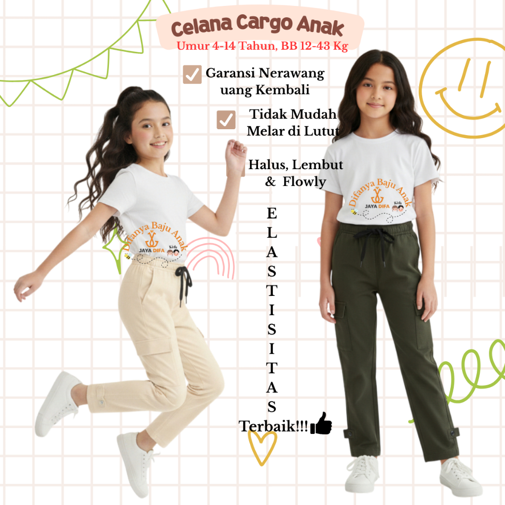 Celana Panjang Anak Perempuan Kulot Skena Comfy Flared Pants Saku Cargo Size 4-14 Tahun Kain Twil St