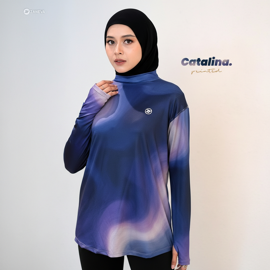 ZANEVA SPORTWEAR - Catalina Baju Olahraga Muslimah Wanita Motif Gradasi Ungu Elegan Turtleneck Sport
