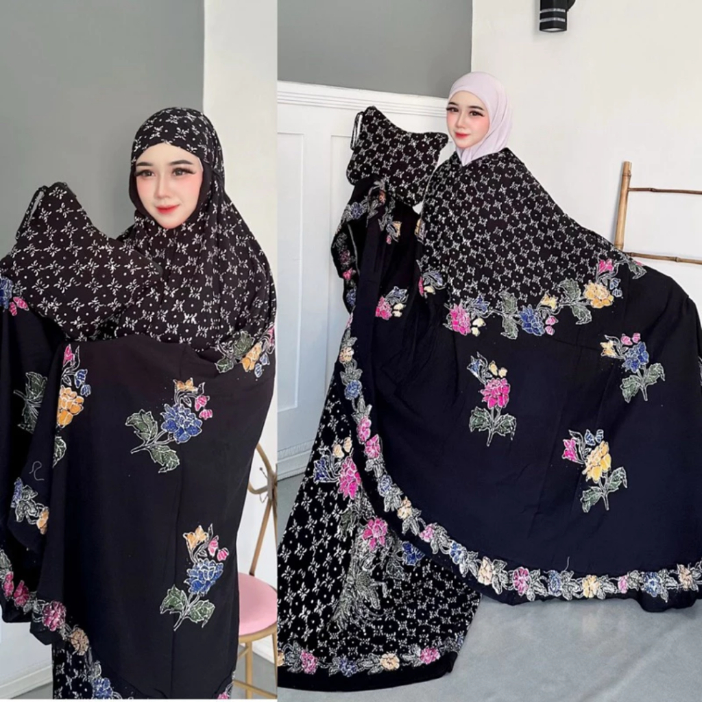 MUKENA BATIK MOTIF BUNGA / MUKENA HITAM ADEM TEBAL