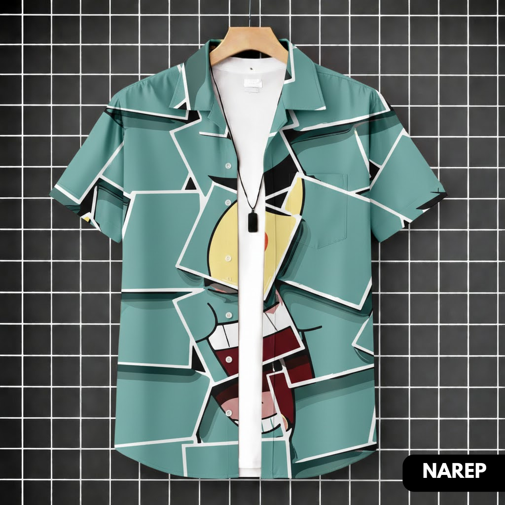 NAREP - Kemeja Pria Lengan Pendek Motif Plankton Puzzle - Kemeja Pria Lengan Pendek Motif Kartun