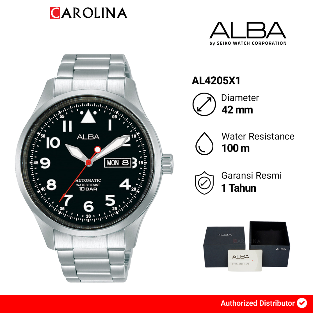 Jam Tangan Pria Alba Mechanical AL4205X1 Automatic Black Dial Stainless Steel Strap