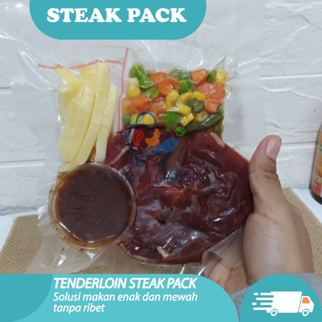 Tenderloin Steak Pack 200 gram- Paket praktis sudah termasuk daging, saus, kentang, dan sayuran