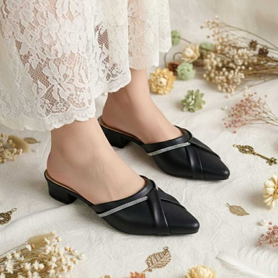 Clovette Sandal Wanita Mulles Hells Hak Tahu Chunky 3cm Permata/Sandal Hells