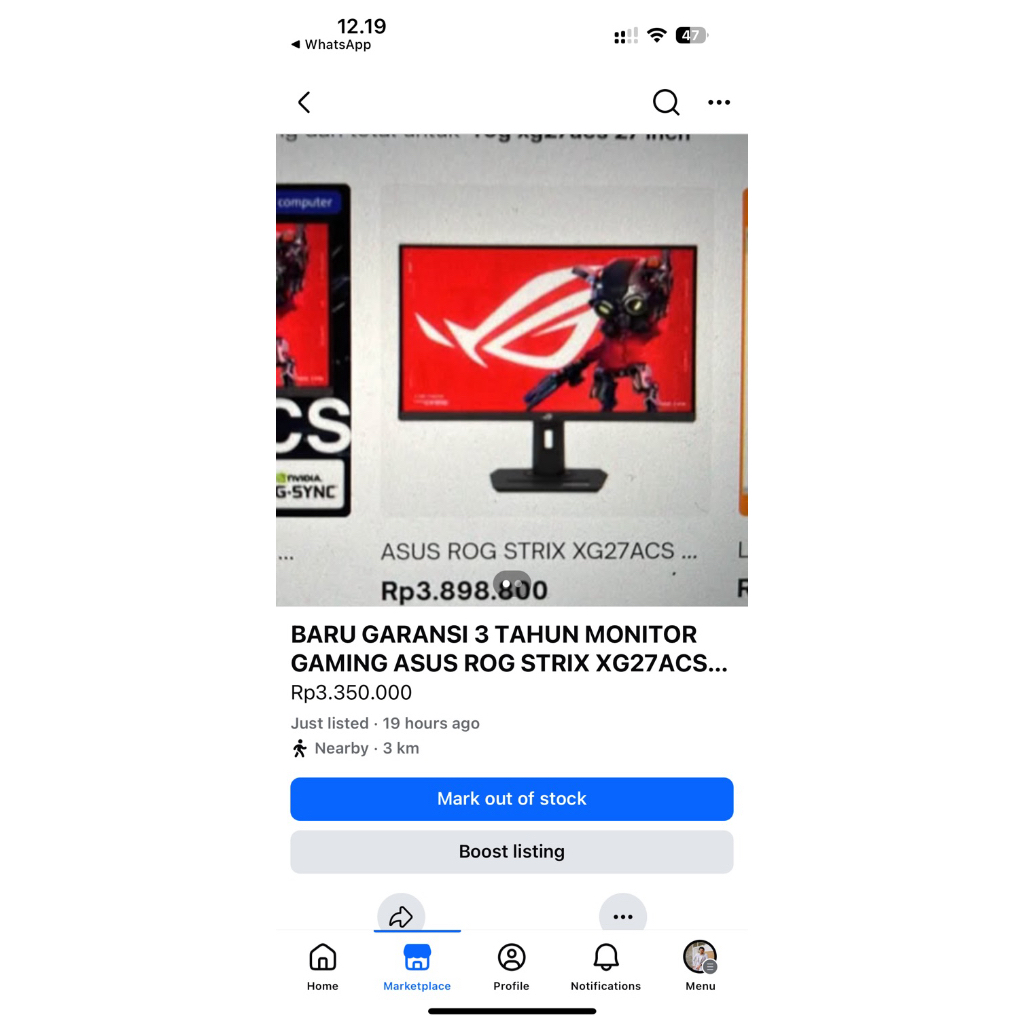 MONITOR ASUS ROG STRIX XG27ACS BARU