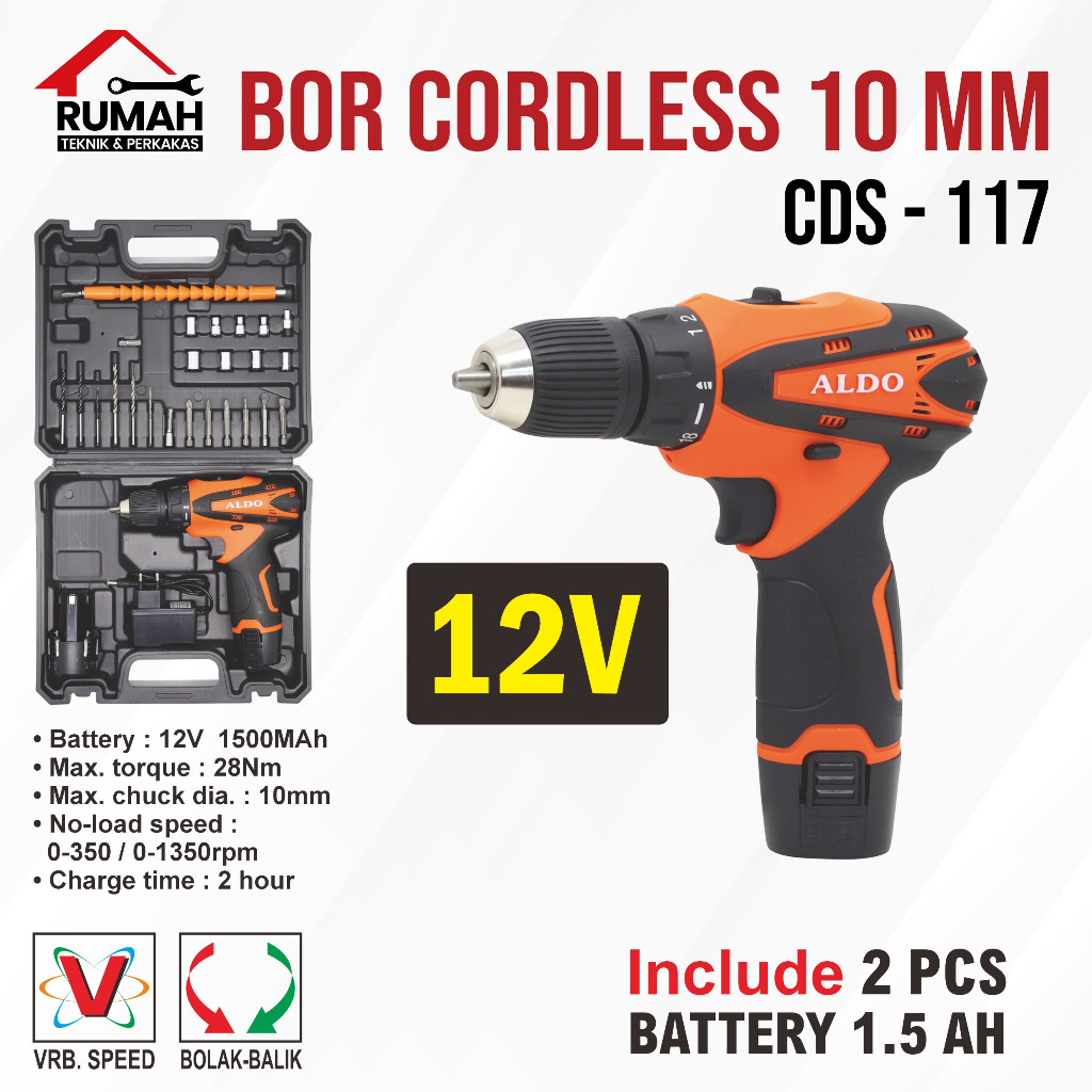 BOR CORDLESS 10 MM CDS-117 ALDO / mesin bor baterai 12V / bor kayu besi portable
