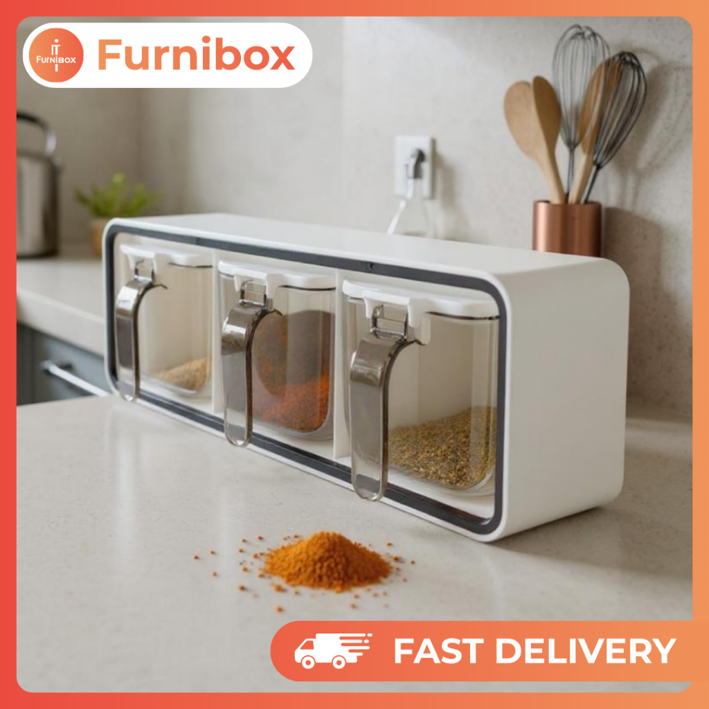 Rak Dispenser Wadah Tempat Penyimpan Bumbu Beras Biji Lada Rempah 3 Slot