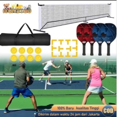 Pickleball Full Set Pickleball Net + 4pcs Raket Pickleball + 8pcs Bola