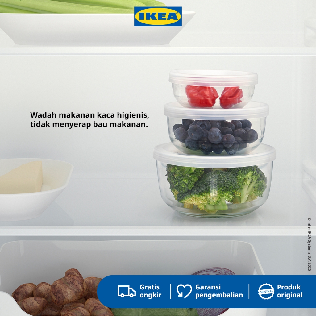 IKEA BESTAMMA Wadah Makanan Bahan Kaca Temper Putih Dengan Penutup Set Isi 3
