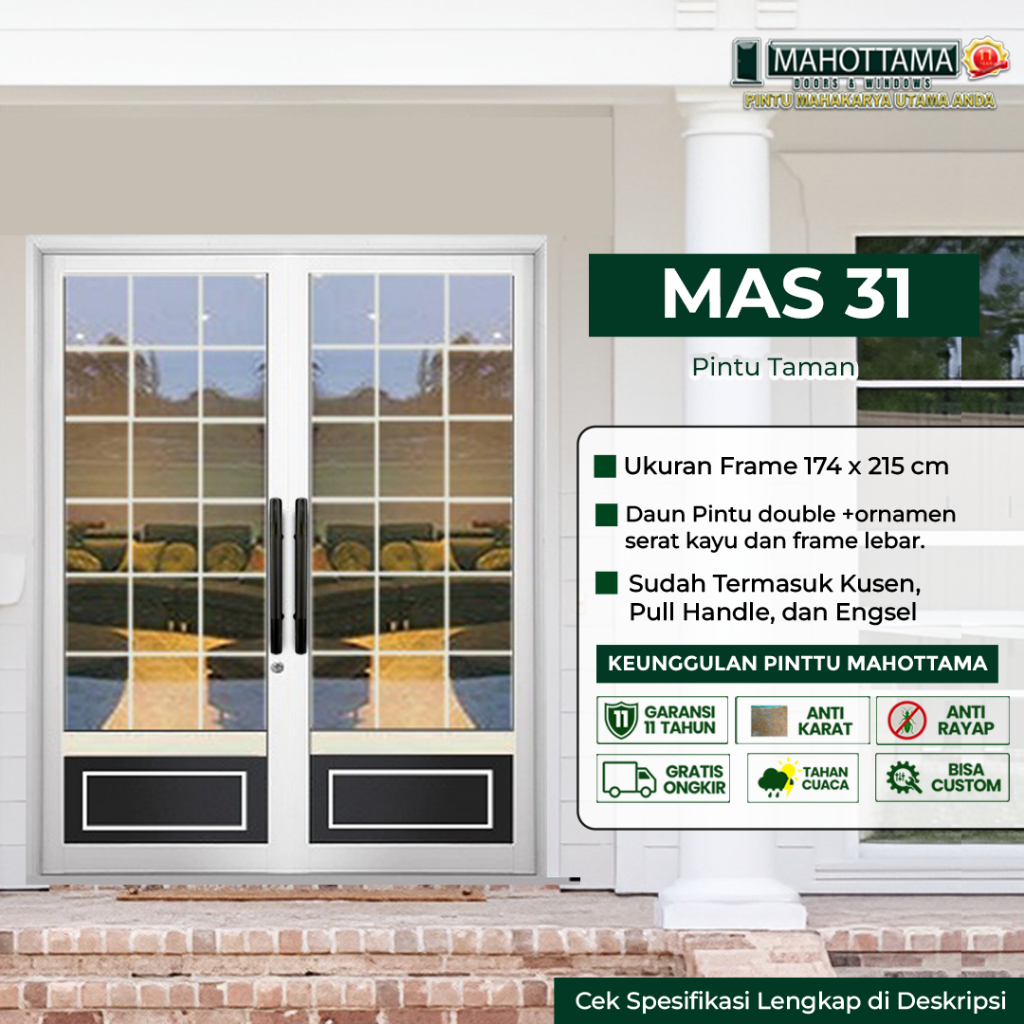 MAHOTTAMA MAS31 - Pintu Rumah Kamar Tidur Kamar Mandi Aluminium Kaca 174 x 215cm Utama 1 Set Kunci H