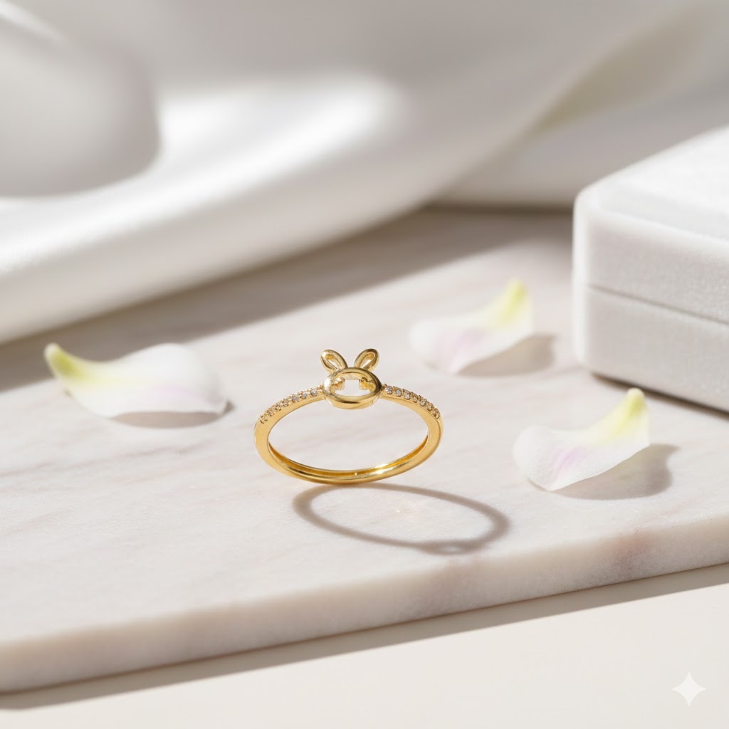 18K Gold Plated Rabbit Ring - Elegant Zirconia Adjustable Open Ring for Women