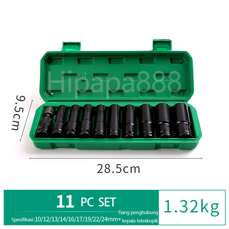 shock panjang 1/2" 10-24MM Kunci Sok Set Mata Kunci Impact 11PCS Kunci Sok