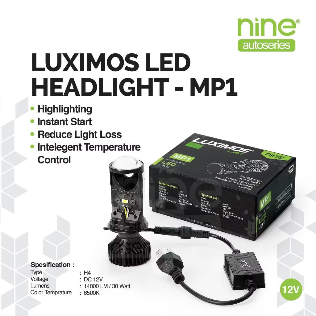 NINE LED SATU BUAH LAMPU UTAMA H4 MINI PROJECTOR HI LOW MP1 SUPER TERANG UNTUK LAMPU MOTOR DAN MOBIL