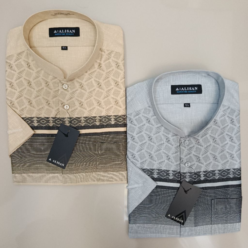 LENGAN PENDEK Alisan Koko Fashion Motif Tenun Krem/Abu Reguler