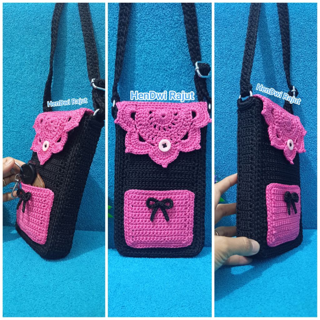 tas HP rajutan tangan berkantong, crochet phone case BlackPink uk.20x12x3.5cm