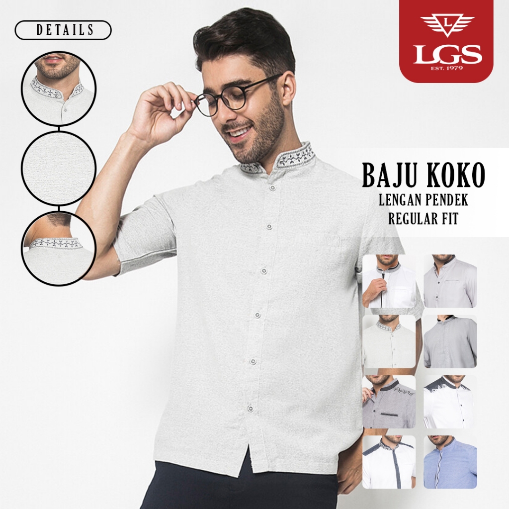 LGS - Baju Koko Dewasa - Kemeja Muslim Pria - Regular Fit - Motif Polos - Katun Nyaman
