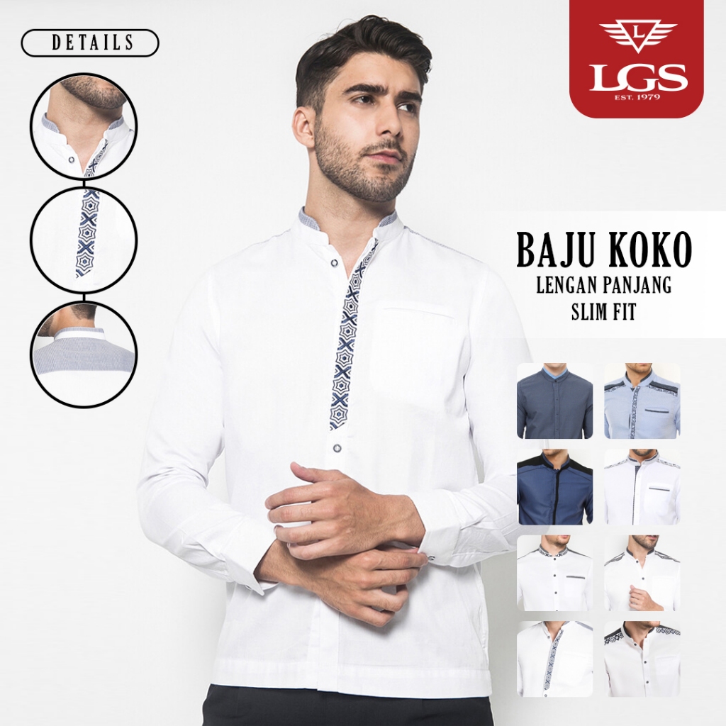 LGS - Baju Koko Pria - Kemeja Muslim Dewasa - Motif Polos - Slim Fit - Katun Nyaman - Kerah - Lengan