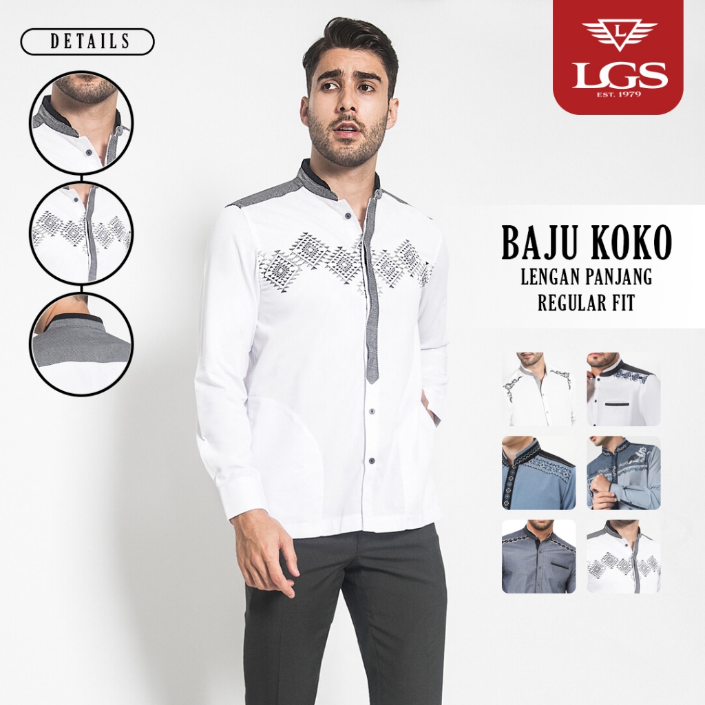 LGS - Baju Koko Pria - Kemeja Kerah Muslim Dewasa - Lengan Panjang - Reguler Fit - Motif Bordir