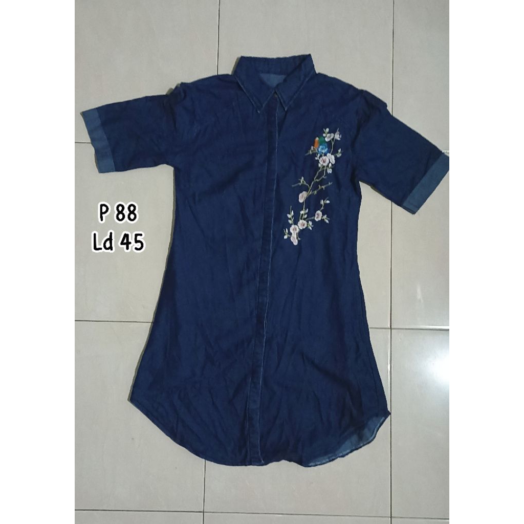 PL - tunik jeans navy wanita bordir bunga ada kantong samping dress pakaian formal casual terusan ja