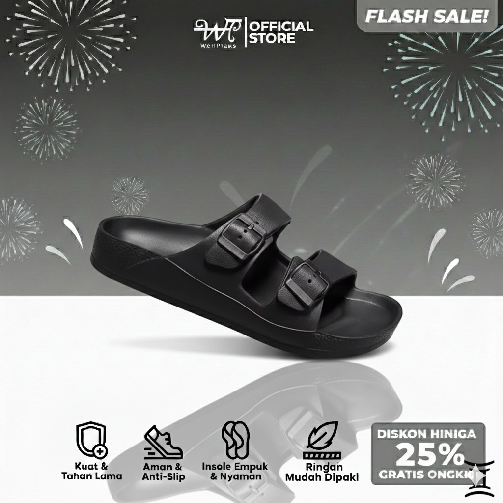 Wellplans - Sandal Slop Hitam Double Straps Ban 2 Kancing Gesper Unisex