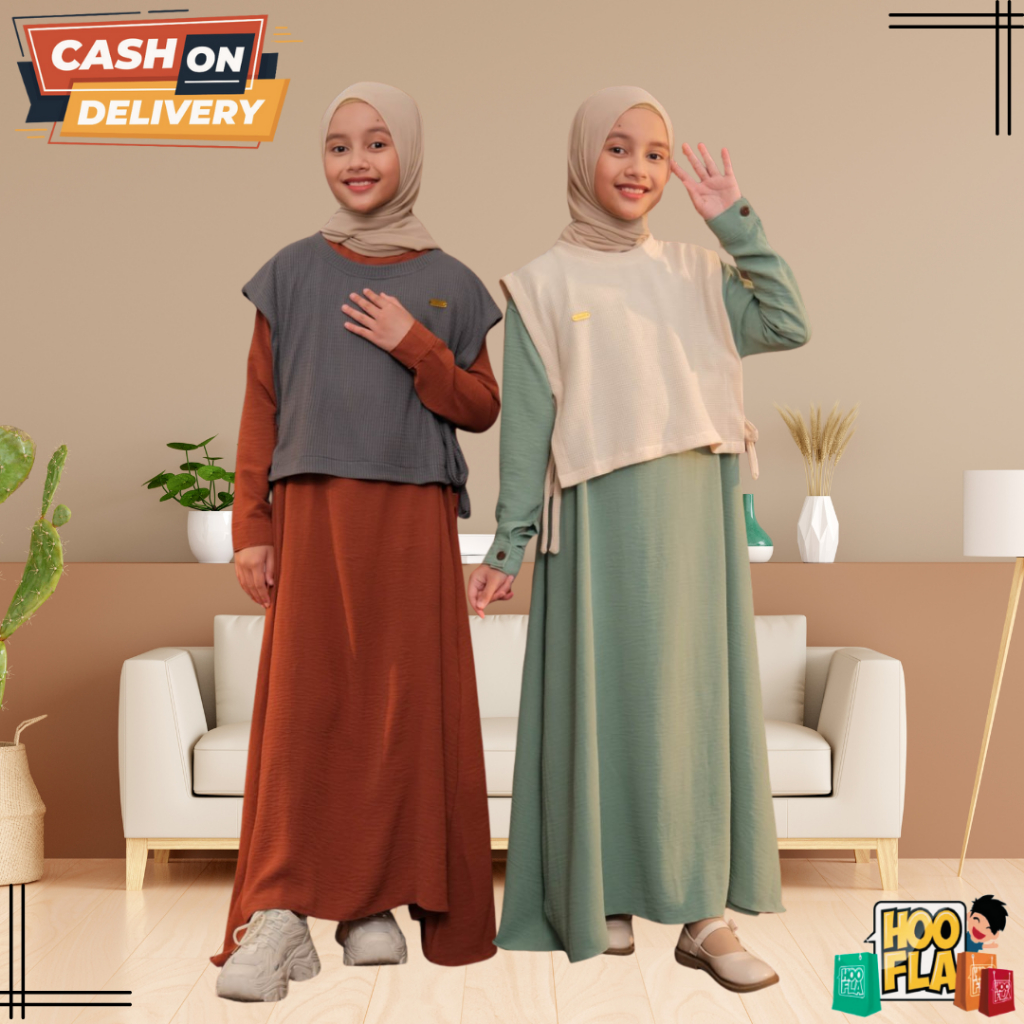 Baju Gamis Muslim Anak Perempuan 2 in 1 Setelan Dress Rompi Umur 3 4 5 6 7 8 9 10 11 12 Tahun Nayra