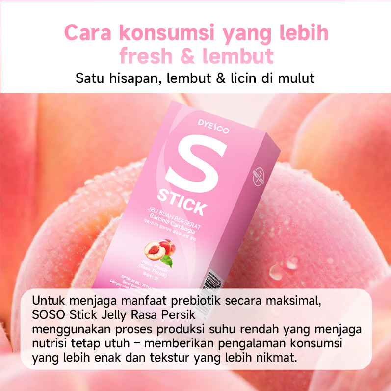 Dyesoo S STICK Jeli Rasa Persik 1 BOX [5 PCS] – HALAL Indonesia & BPOM, 3 Prebiotik, Ekstrak Buah da