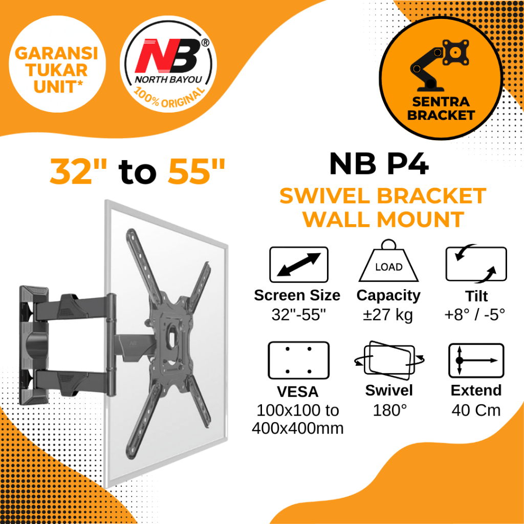 North Bayou NB P4 Bracket Swivel Wall Mount 32" to 55" Untuk Display TV LCD LED OLED