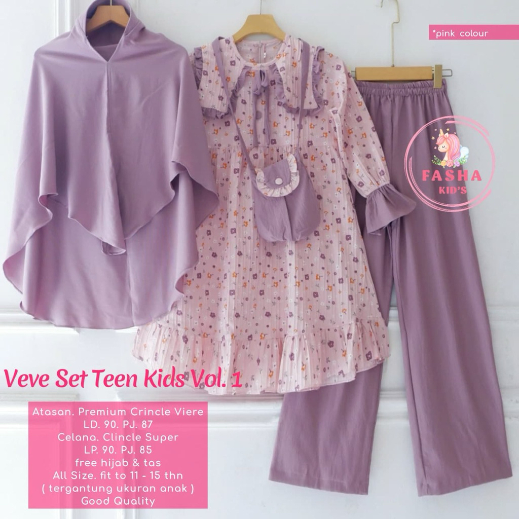 Usia 11-15th VEVE SET TEEN KIDS VOL 1 SETELAN ANAK PEREMPUAN SYARI ATASAN MOTIF BUNGA CELANA CRINCLE
