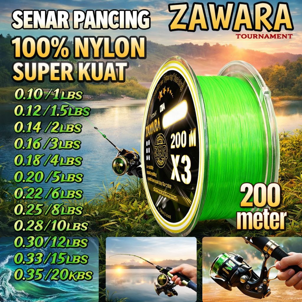 Senar pancing 200 meter hijau stabilo kuat anti keriting ZAWARA