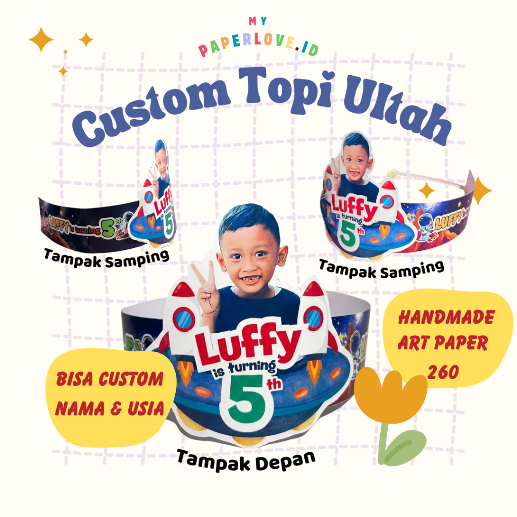 Topi Ulang Tahun Anak Custom Nama & Usia | Art Paper 260gsm | Usia 1–10 Tahun | Topi Hias Ulang Tahu