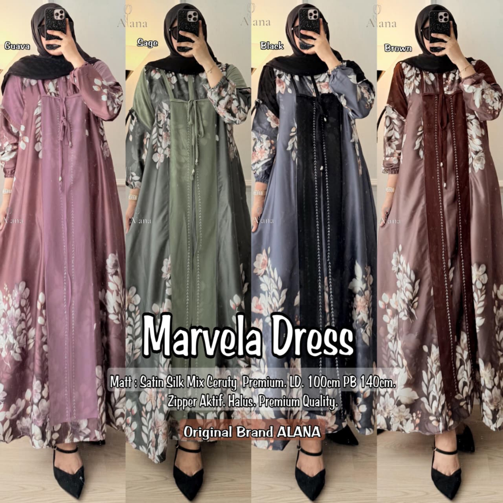 Marvela Dress - Baju Gamis Dress  Motif Wanita Muslim Bahan Satin Silk Ceruty Premium Zipper Aktif