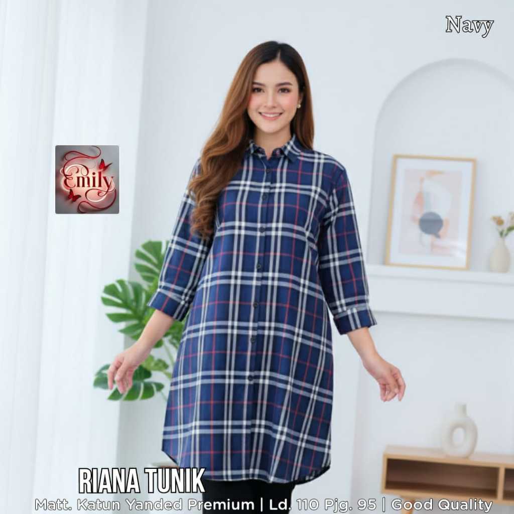 RIANA TUNIK Original Kemeja Kotak-Kotak Oversize Wanita Lengan 3/4 Emily Katun Yanded Premium Good Q