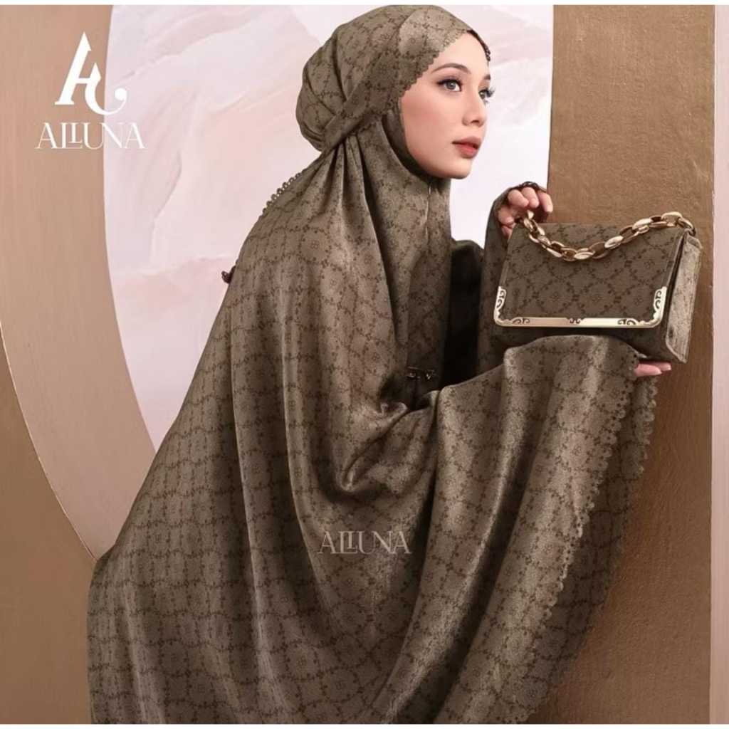 (PRELOVED) ALLUNA Mukena Dewasa Santorini Silk 3in1 ESPRESSO Lasercut Alluna