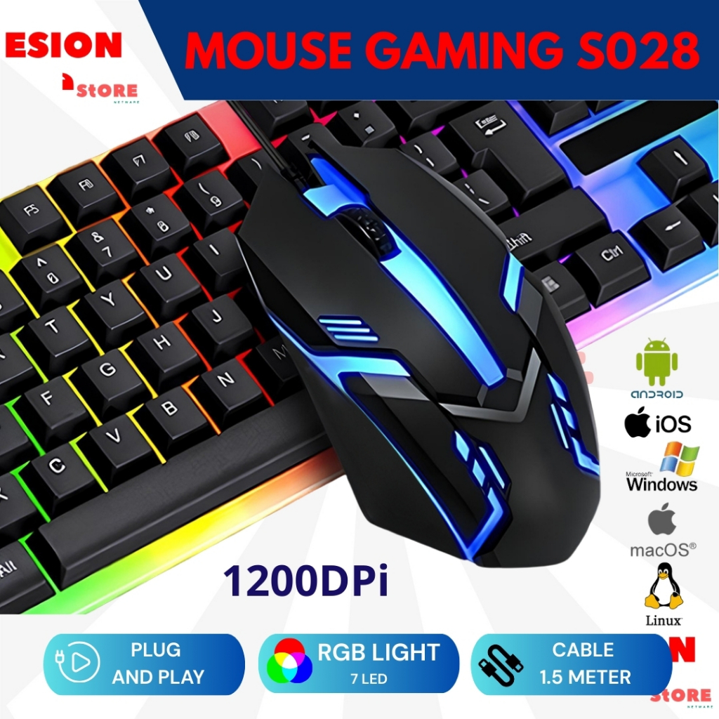 Mouse RGB Kabel S028 Gaming Mouse RGB 1200 DPI Kabel Mouse Gaming Wired Black Mouse Game RGB Colorfu