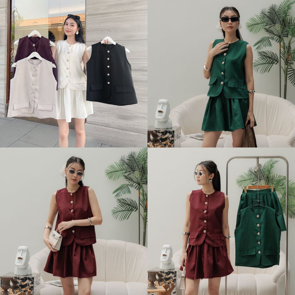 Yourstyle -  Liora Dress Set Atasan Wanita Vest Outer Bawahan Skort Celana Rok Bahan Semiwool