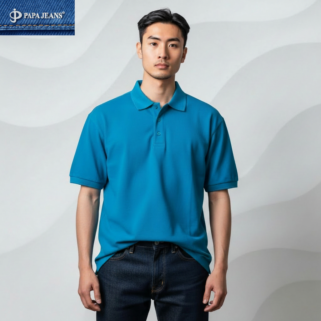 Kaos Kerah Polo Shirt Lengan Pendek Papa Jeans Biru Turkis