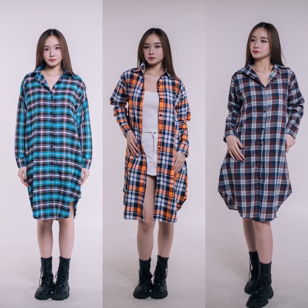 Kemeja panjang kotak-kotak / long kemeja lengan panjang wanita / kemeja casual wanita
